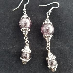 Hand Crafted Black Crackle Glass Beads with Silver Caps Dangling Earrings